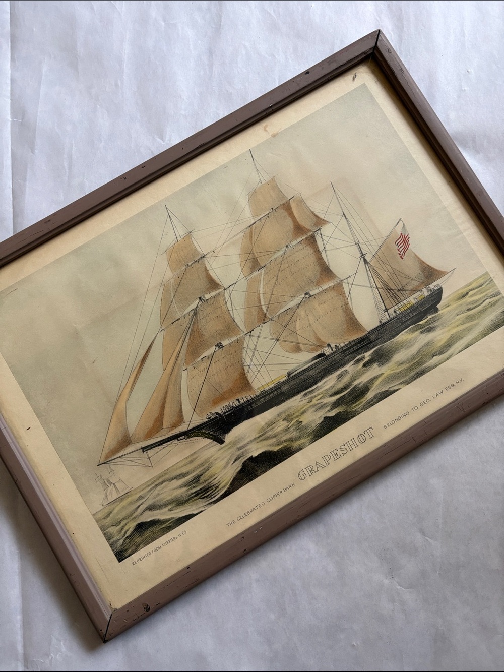 Currier & Ives Lithograph The Celebrated Clipper Bark GRAPESHOT framed antique
